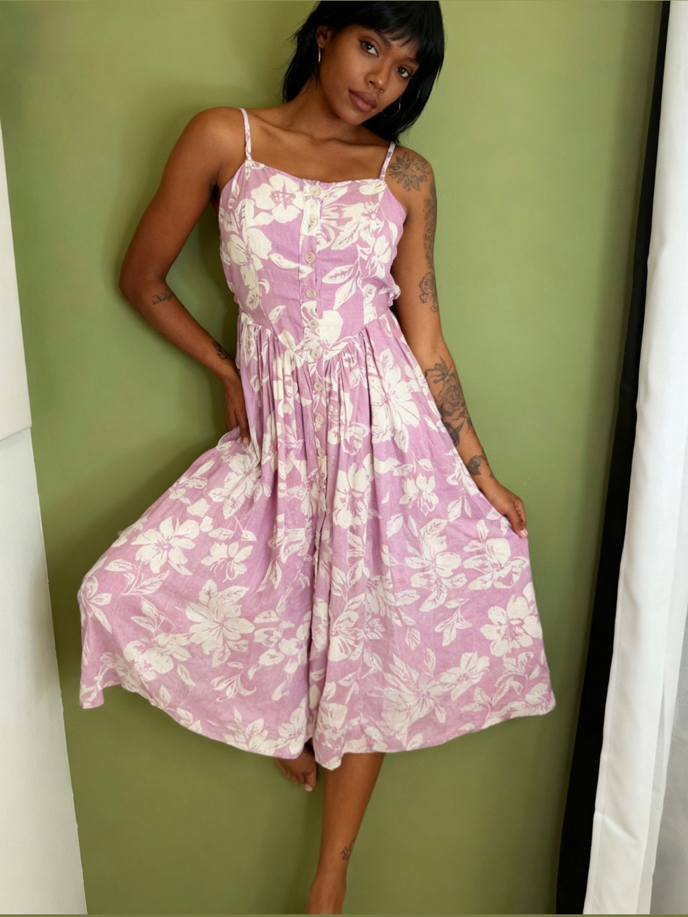 Free People Pink Floral Button-Front Midi Dress